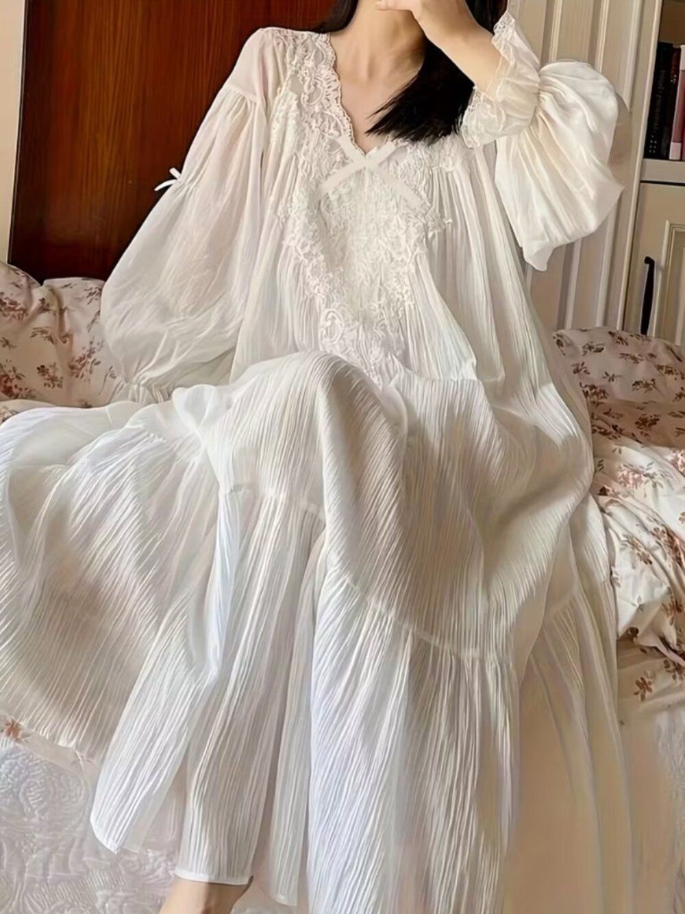 Alluring French-Victorian Lace Nightgown Flowing Long Sleeve Romantic Ruffle Hem - Picture 4 of 8
